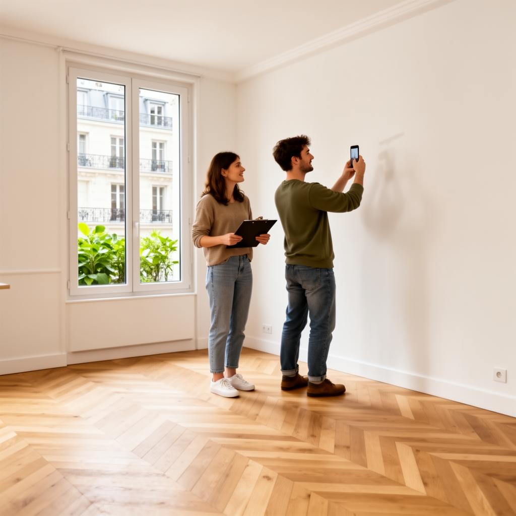 Couple effectuant un état des lieux dans un appartement vide