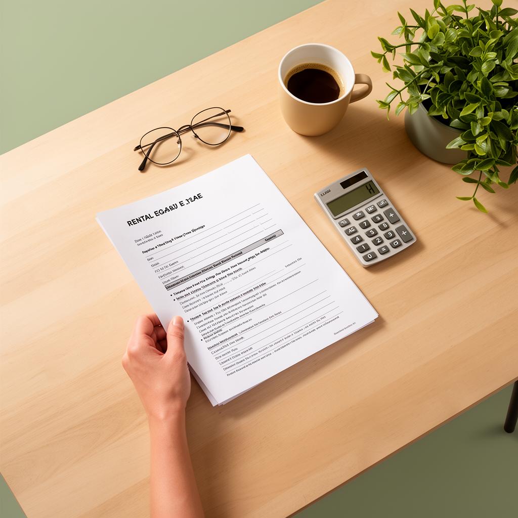 Bureau avec un bail, une calculette et un café