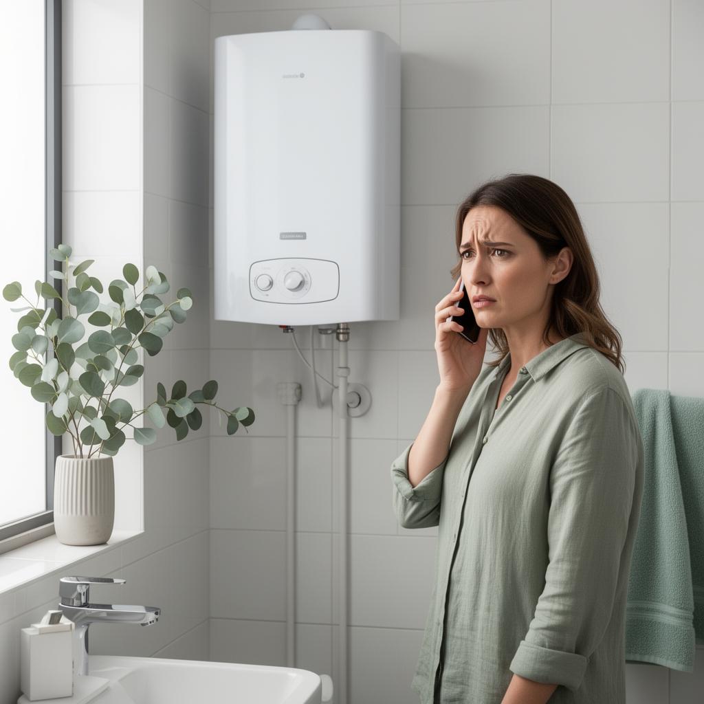 Locataire au téléphone face à un chauffe-eau en panne