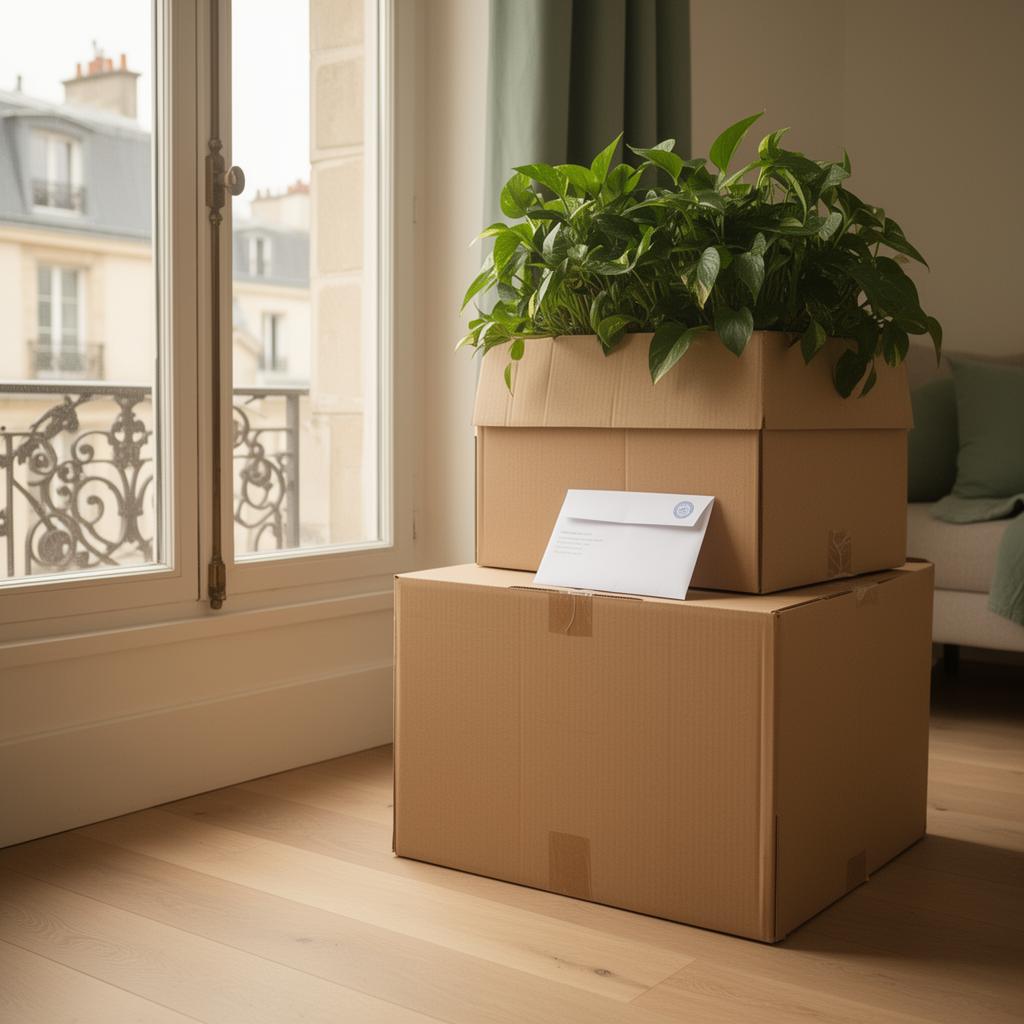 Cartons de déménagement et lettre de préavis près d'une fenêtre